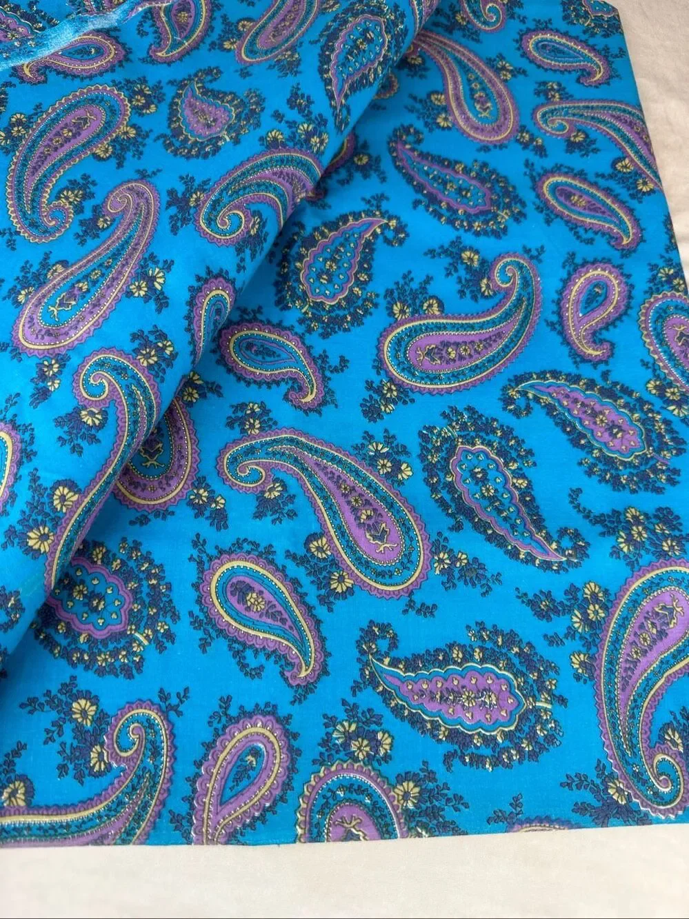 Vintage Paisley Fabric Blue Purple 36”x3.66Y Retro Mod MCM Groovy